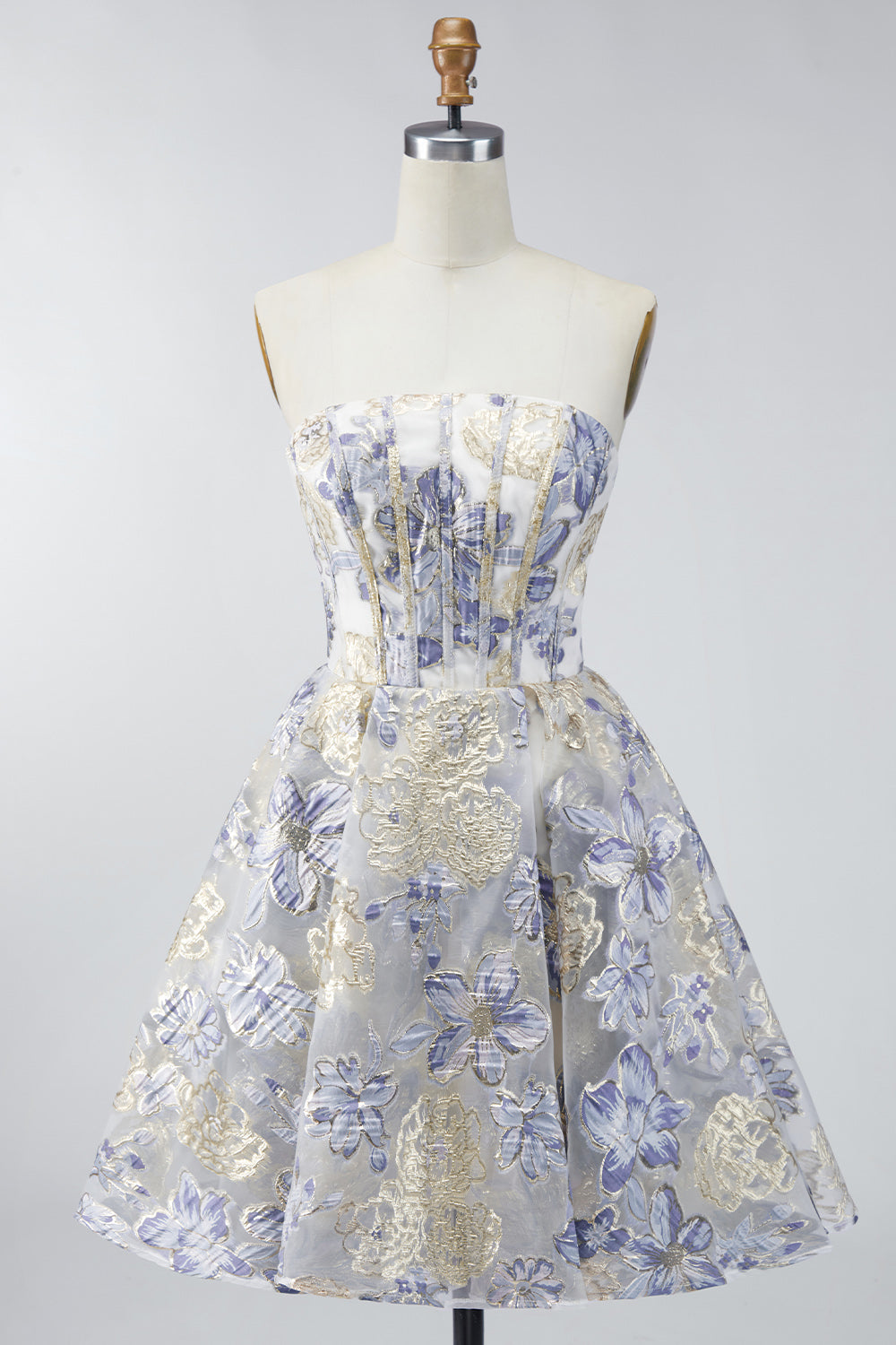 Dusty Blue A Line Corset Floral Jacquard Short Strapless Homecoming Dress