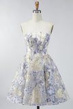Dusty Blue A Line Corset Floral Jacquard Short Strapless Homecoming Dress