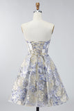 Dusty Blue A Line Corset Floral Jacquard Short Strapless Homecoming Dress