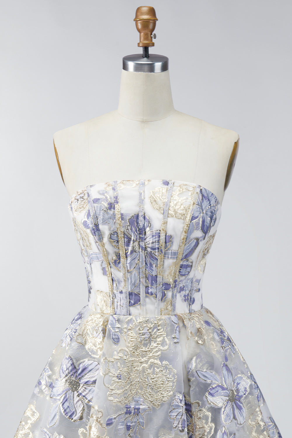 Dusty Blue A Line Corset Floral Jacquard Short Strapless Homecoming Dress
