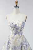 Dusty Blue A Line Corset Floral Jacquard Short Strapless Homecoming Dress