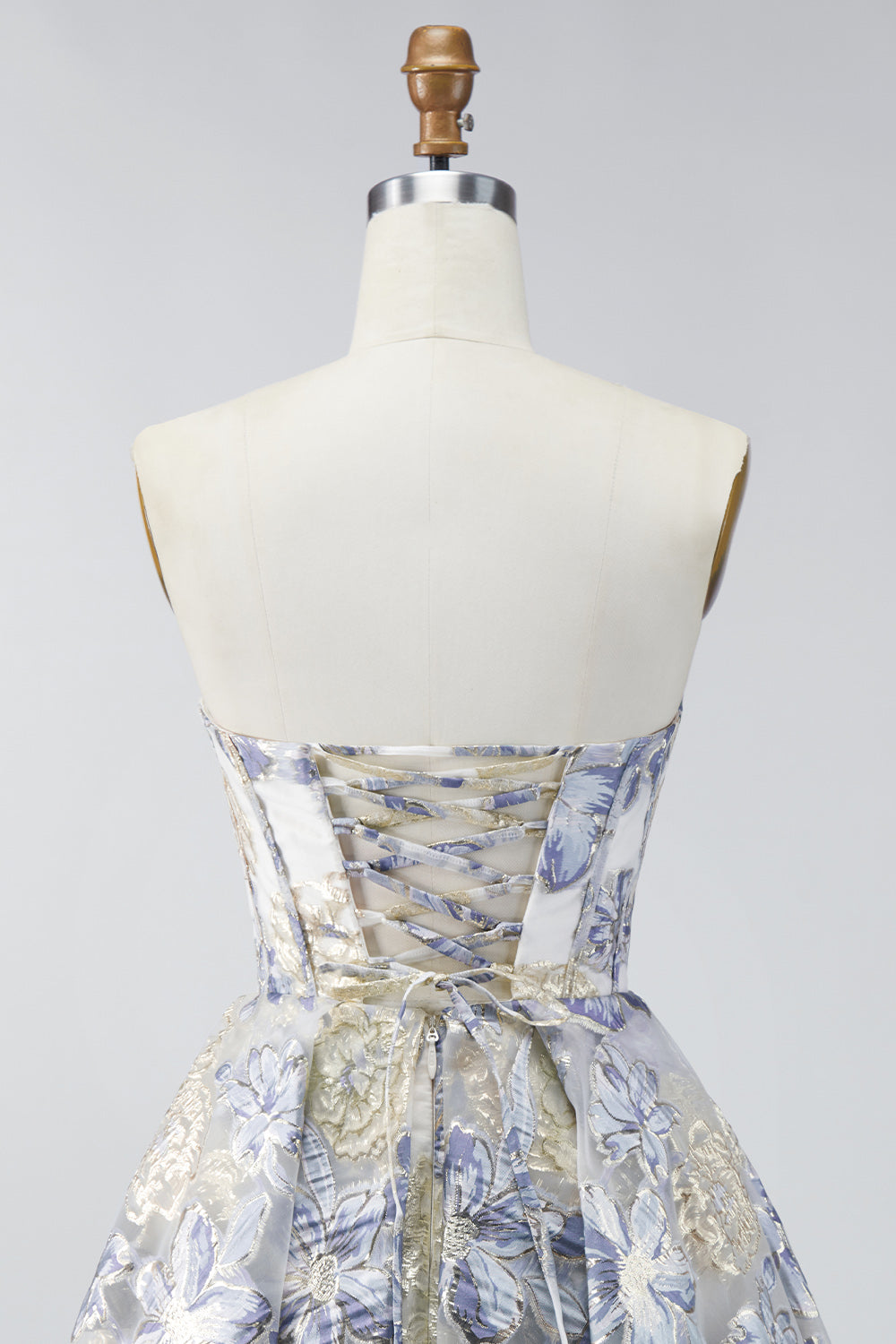 Dusty Blue A Line Corset Floral Jacquard Short Strapless Homecoming Dress