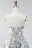 Dusty Blue A Line Corset Floral Jacquard Short Strapless Homecoming Dress