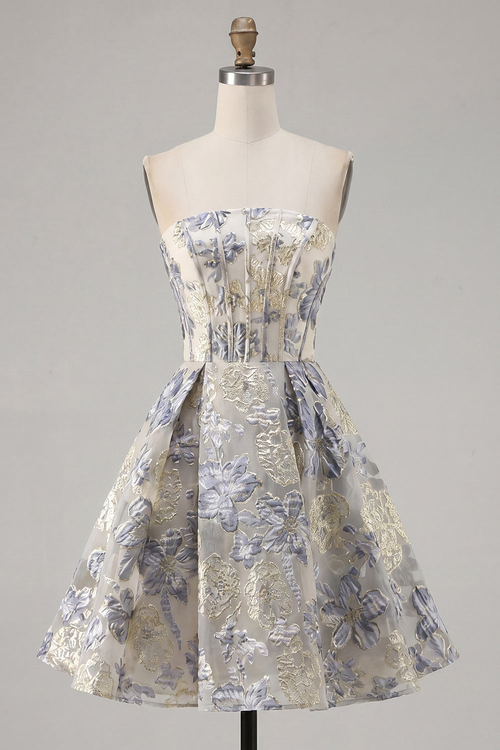 Dusty Blue A Line Corset Floral Jacquard Short Strapless Homecoming Dress