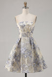 Dusty Blue A Line Corset Floral Jacquard Short Strapless Homecoming Dress