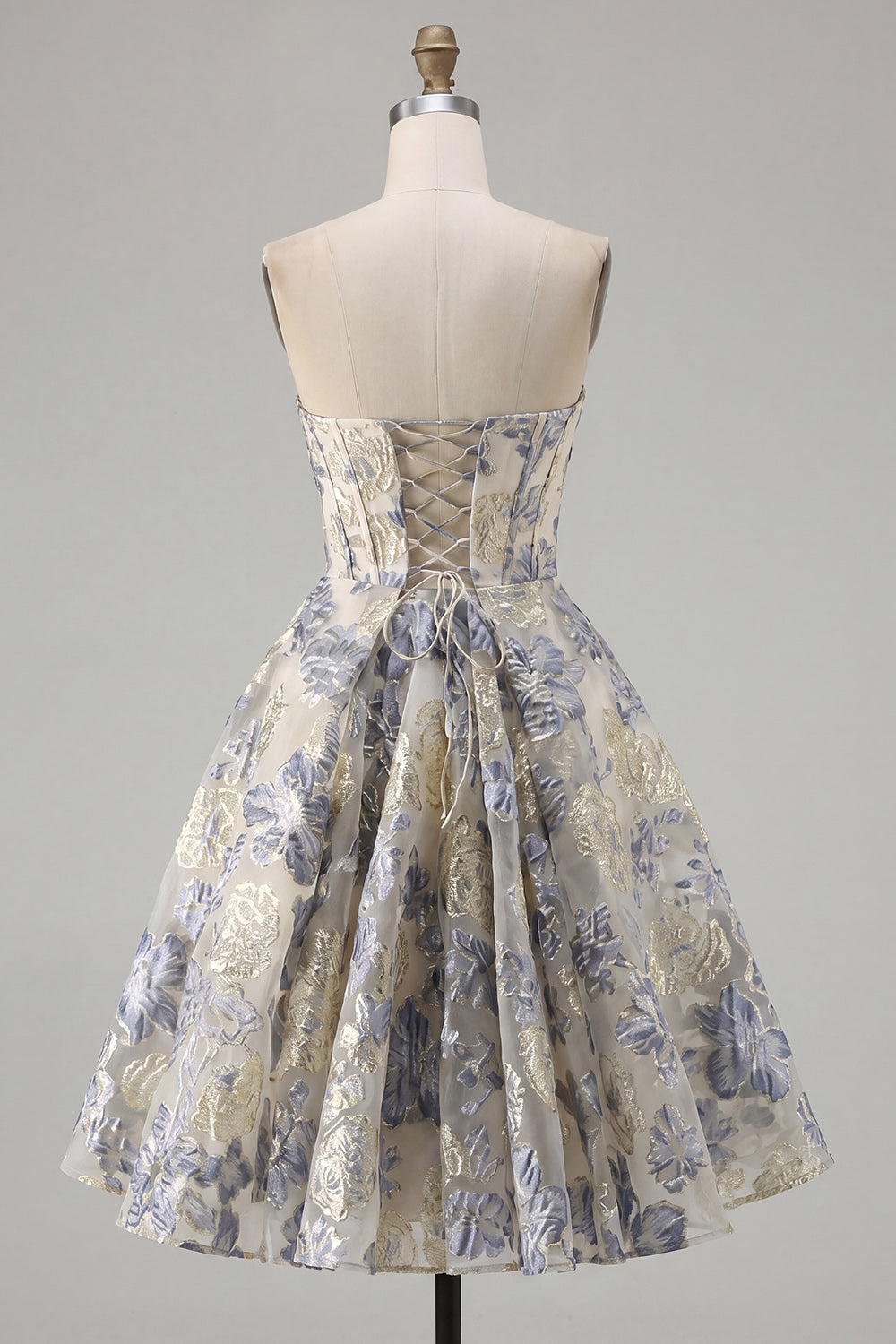 Dusty Blue A Line Corset Floral Jacquard Short Strapless Homecoming Dress