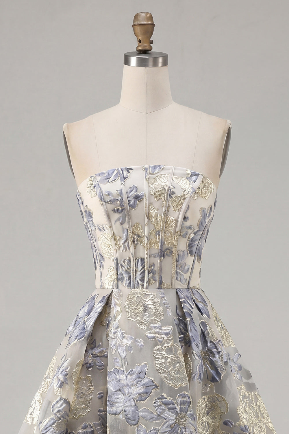 Dusty Blue A Line Corset Floral Jacquard Short Strapless Homecoming Dress