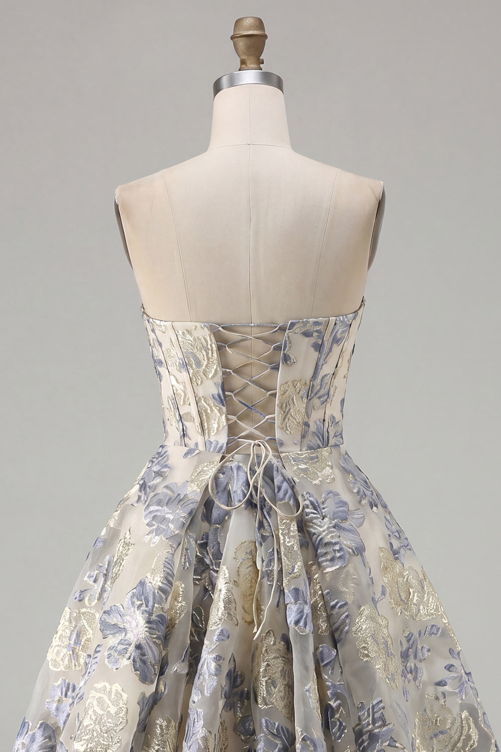 Dusty Blue A Line Corset Floral Jacquard Short Strapless Homecoming Dress