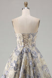 Dusty Blue A Line Corset Floral Jacquard Short Strapless Homecoming Dress