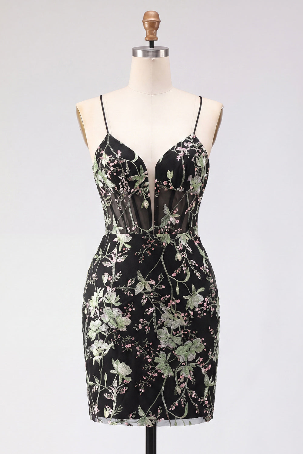 Sparkly Pink Floral Corset Tight Short Beaded Spaghetti Straps Homecoming Dress