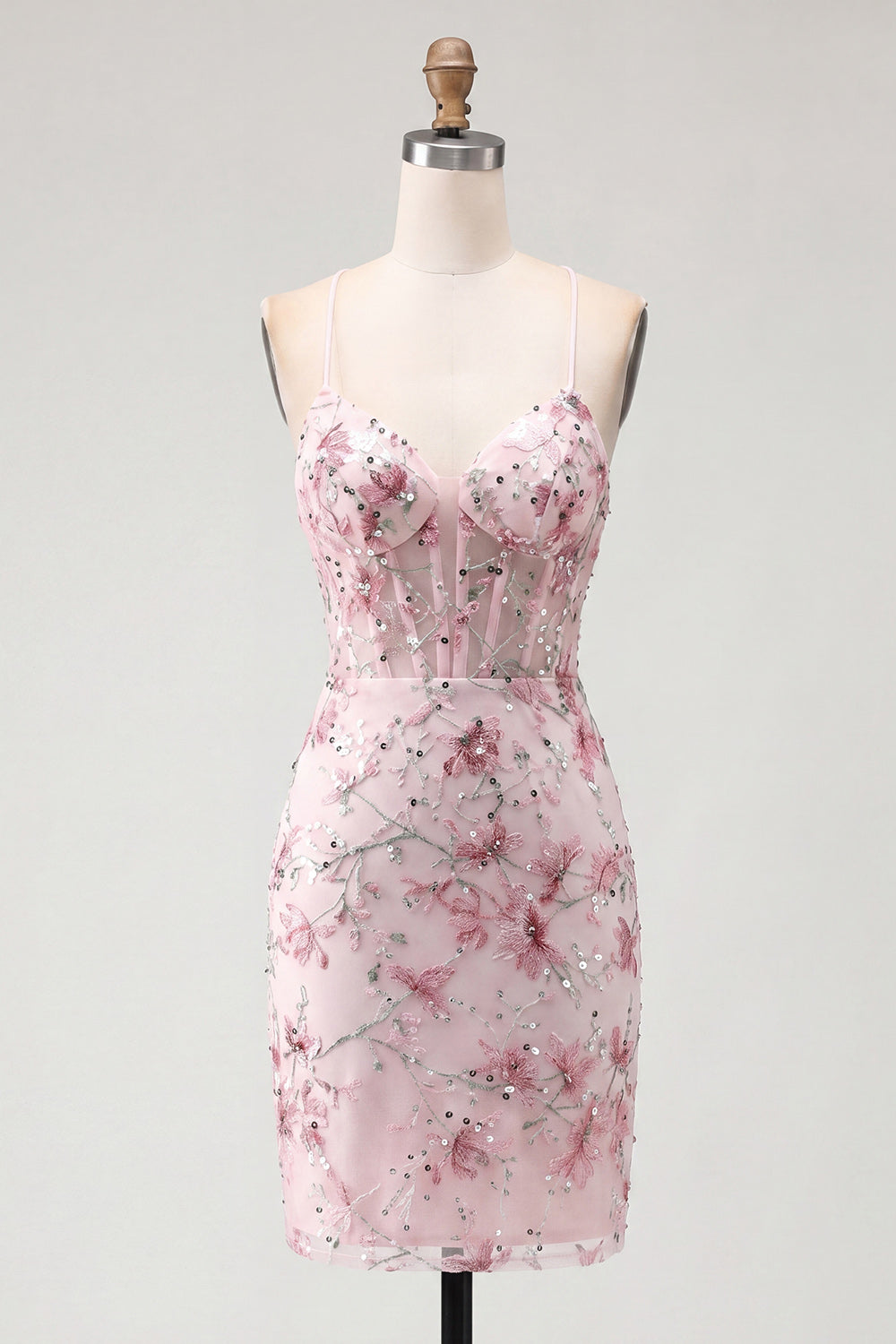 Sparkly Pink Floral Corset Tight Short Beaded Spaghetti Straps Homecoming Dress