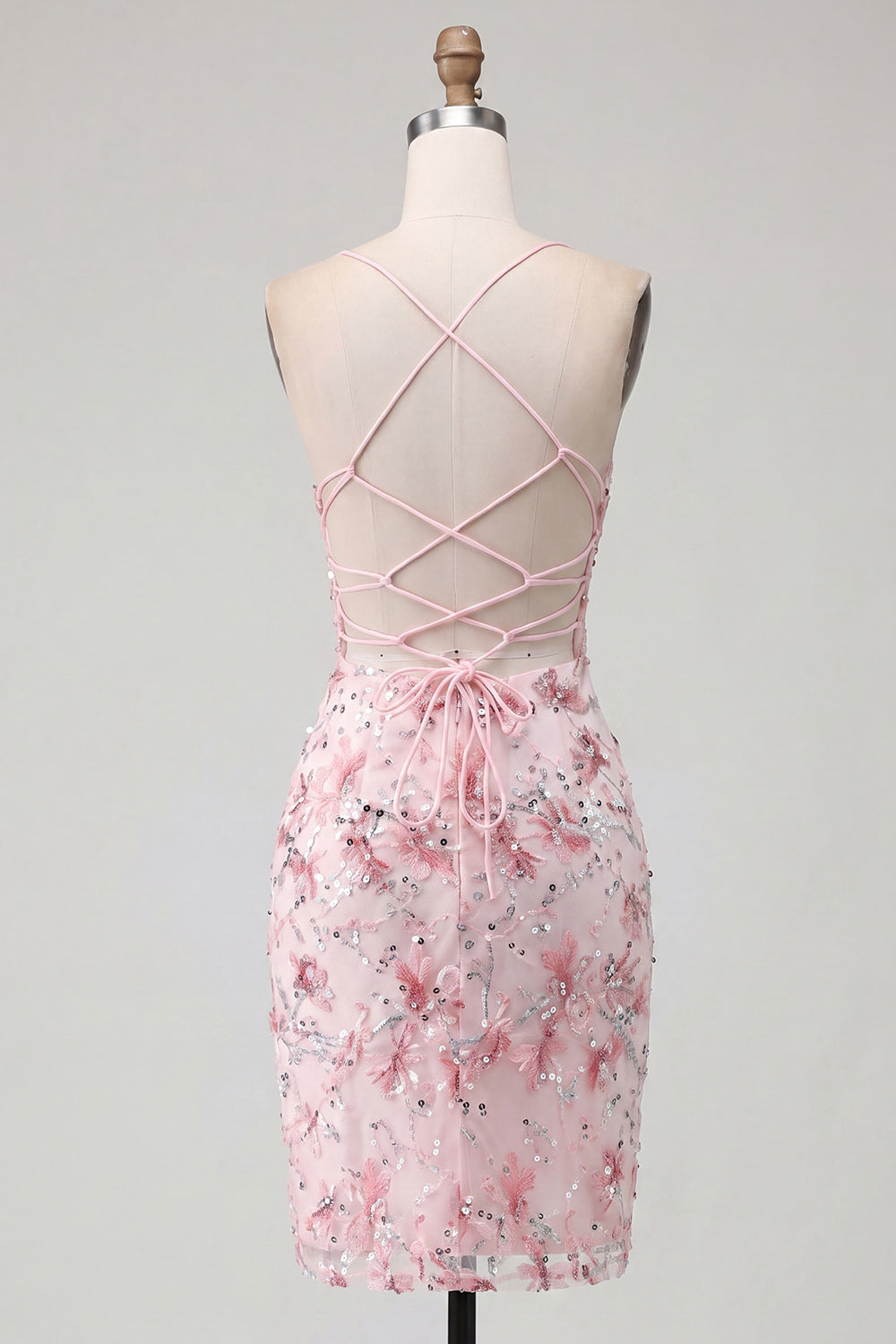 Sparkly Pink Floral Corset Tight Short Beaded Spaghetti Straps Homecoming Dress