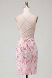 Sparkly Pink Floral Corset Tight Short Beaded Spaghetti Straps Homecoming Dress