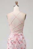 Sparkly Pink Floral Corset Tight Short Beaded Spaghetti Straps Homecoming Dress