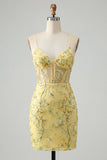 Sparkly Pink Floral Corset Tight Short Beaded Spaghetti Straps Homecoming Dress