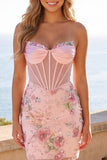 Strapless Beaded Floral Corset Tight Short Sparkly Pink Homecoming Dress