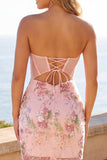 Strapless Beaded Floral Corset Tight Short Sparkly Pink Homecoming Dress