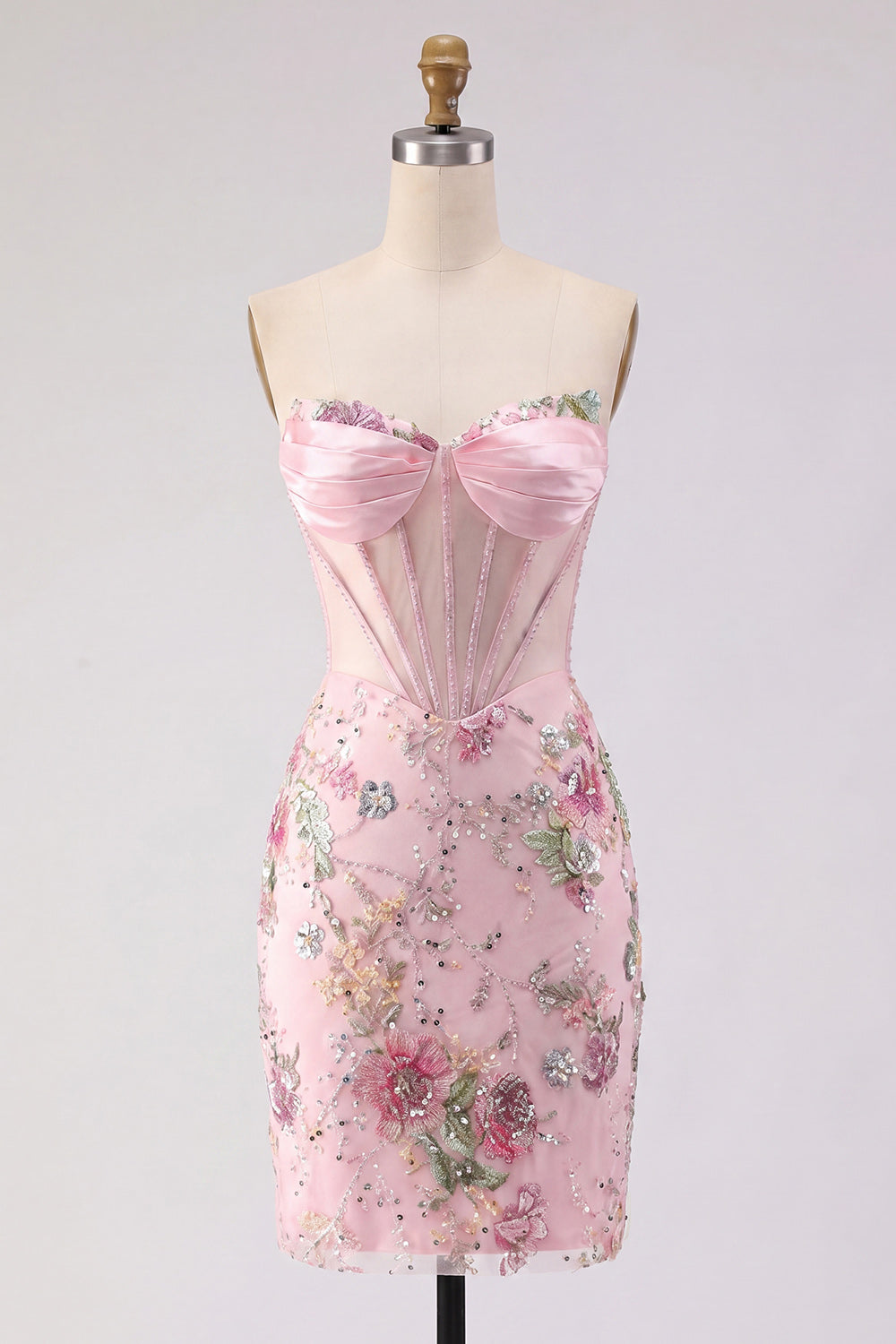 Strapless Beaded Floral Corset Tight Short Sparkly Pink Homecoming Dress