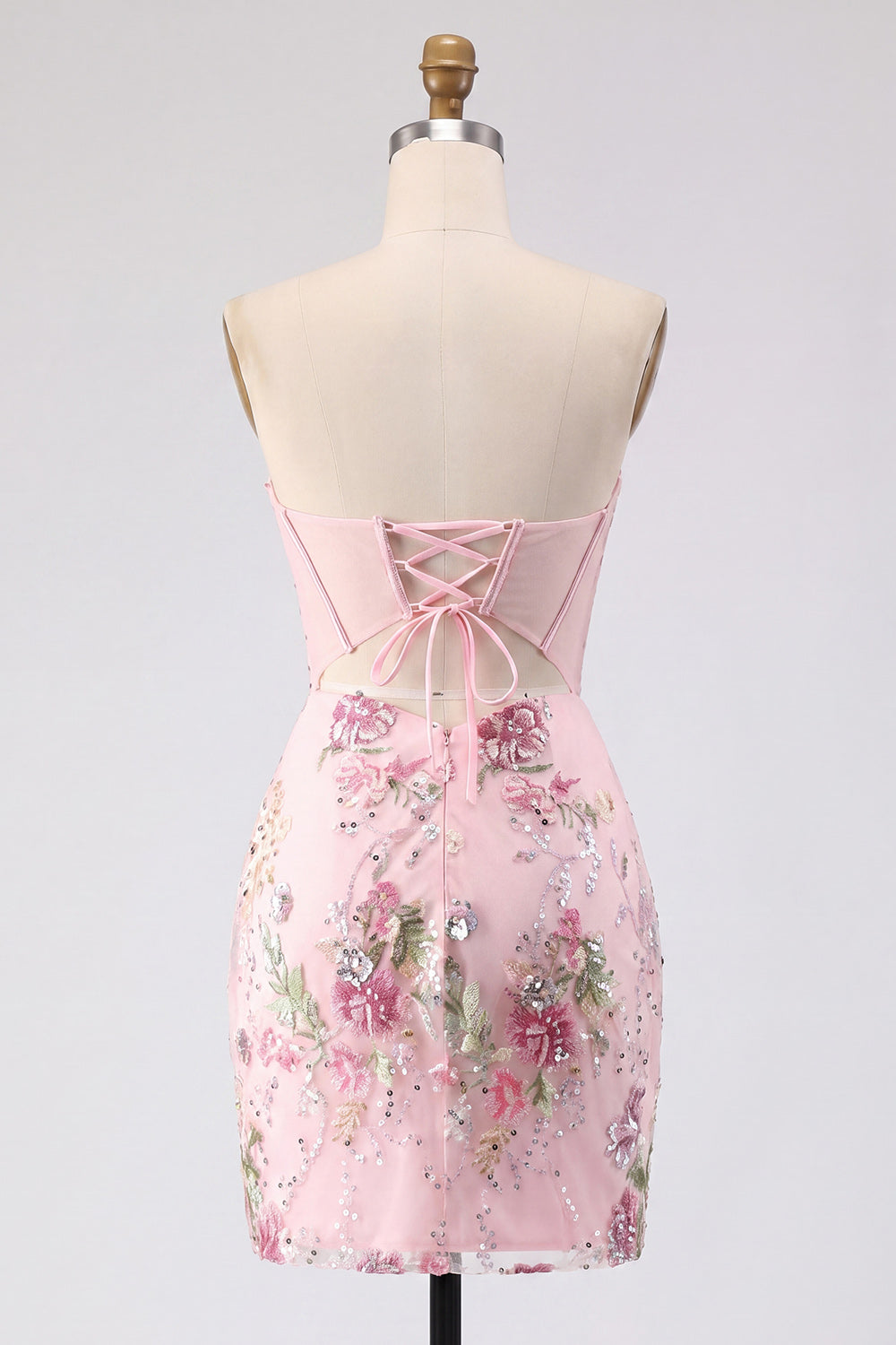 Strapless Beaded Floral Corset Tight Short Sparkly Pink Homecoming Dress