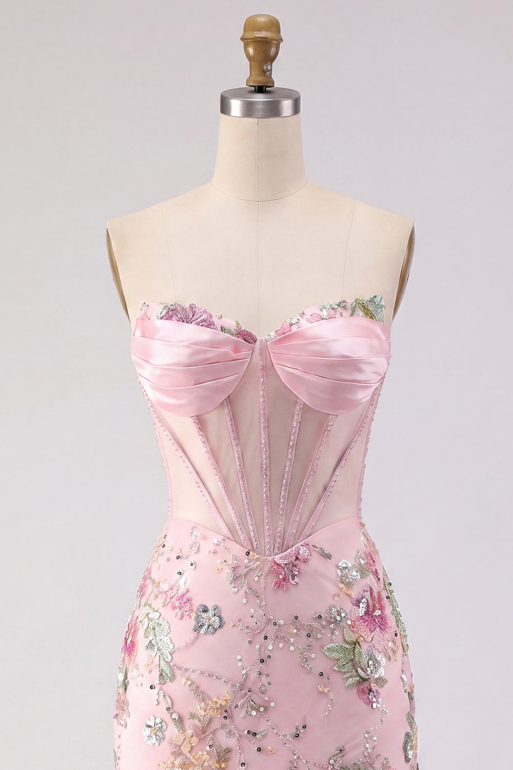 Strapless Beaded Floral Corset Tight Short Sparkly Pink Homecoming Dress