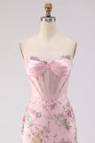 Strapless Beaded Floral Corset Tight Short Sparkly Pink Homecoming Dress