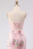Strapless Beaded Floral Corset Tight Short Sparkly Pink Homecoming Dress