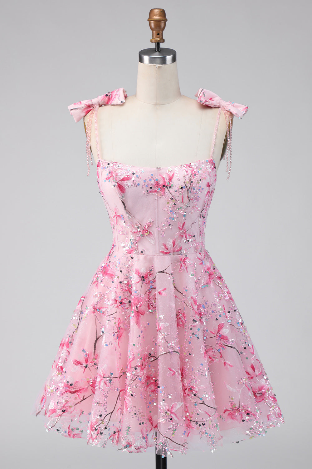 A Line Sparkly Pink Floral Short Beaded Homecoming Dress with Bows