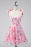 A Line Sparkly Pink Floral Short Beaded Homecoming Dress with Bows