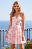 A Line Sparkly Pink Floral Short Beaded Homecoming Dress with Bows