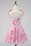 A Line Sparkly Pink Floral Short Beaded Homecoming Dress with Bows