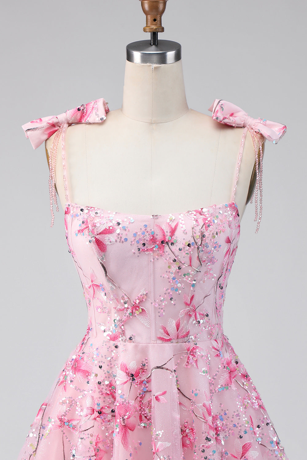 A Line Sparkly Pink Floral Short Beaded Homecoming Dress with Bows