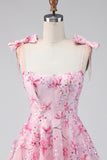 A Line Sparkly Pink Floral Short Beaded Homecoming Dress with Bows