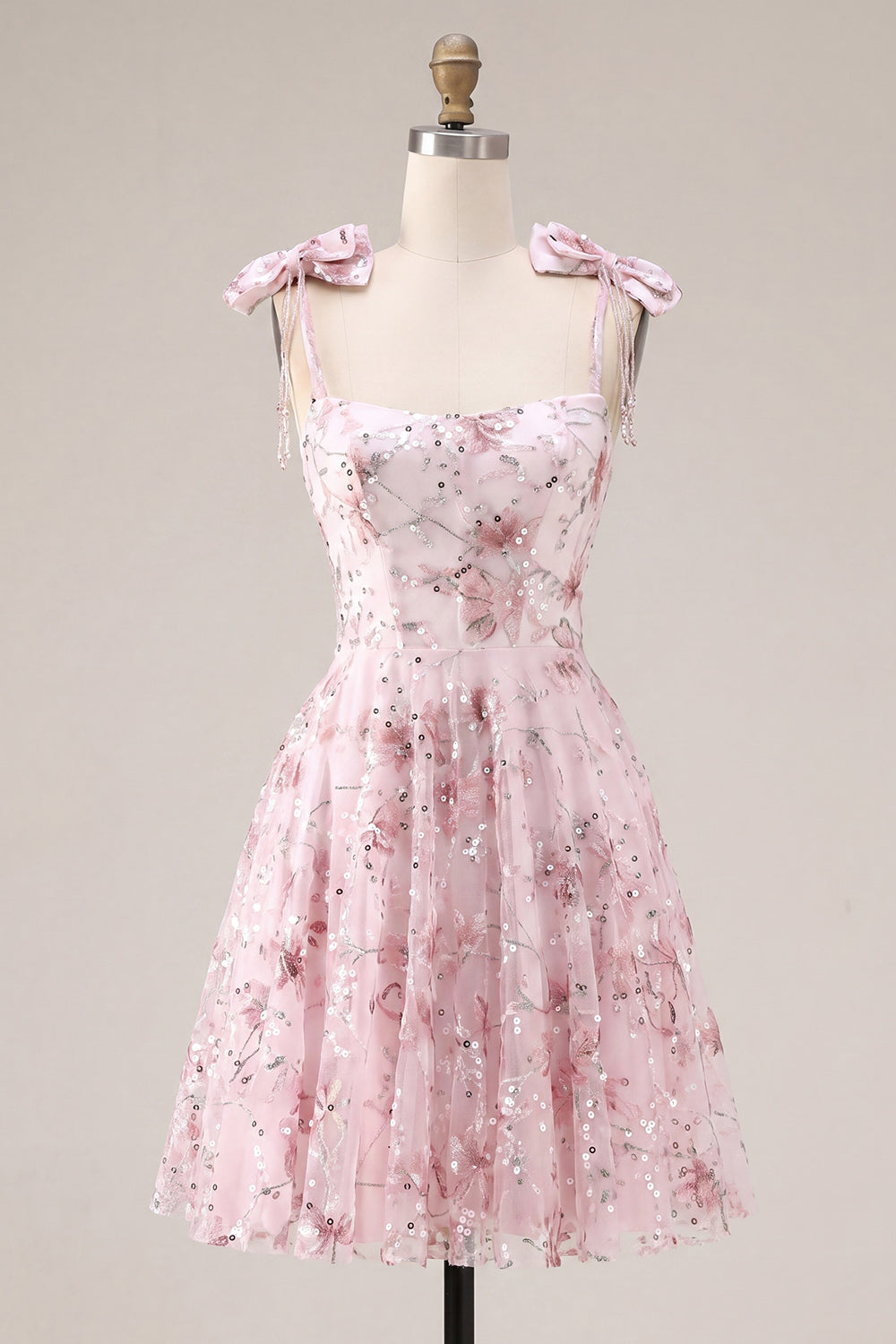 A Line Sparkly Pink Floral Short Beaded Homecoming Dress with Bows