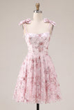 A Line Sparkly Pink Floral Short Beaded Homecoming Dress with Bows