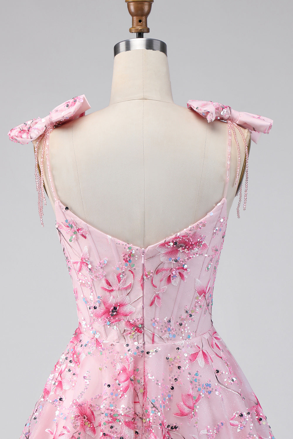 A Line Sparkly Pink Floral Short Beaded Homecoming Dress with Bows