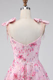 A Line Sparkly Pink Floral Short Beaded Homecoming Dress with Bows
