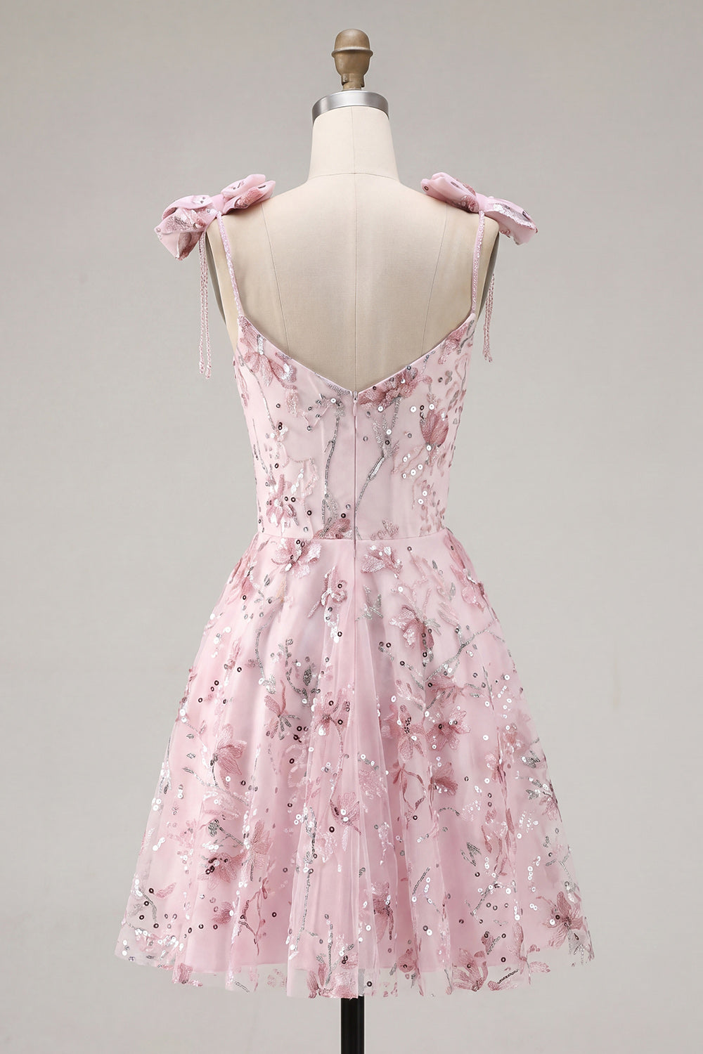 A Line Sparkly Pink Floral Short Beaded Homecoming Dress with Bows