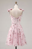 A Line Sparkly Pink Floral Short Beaded Homecoming Dress with Bows