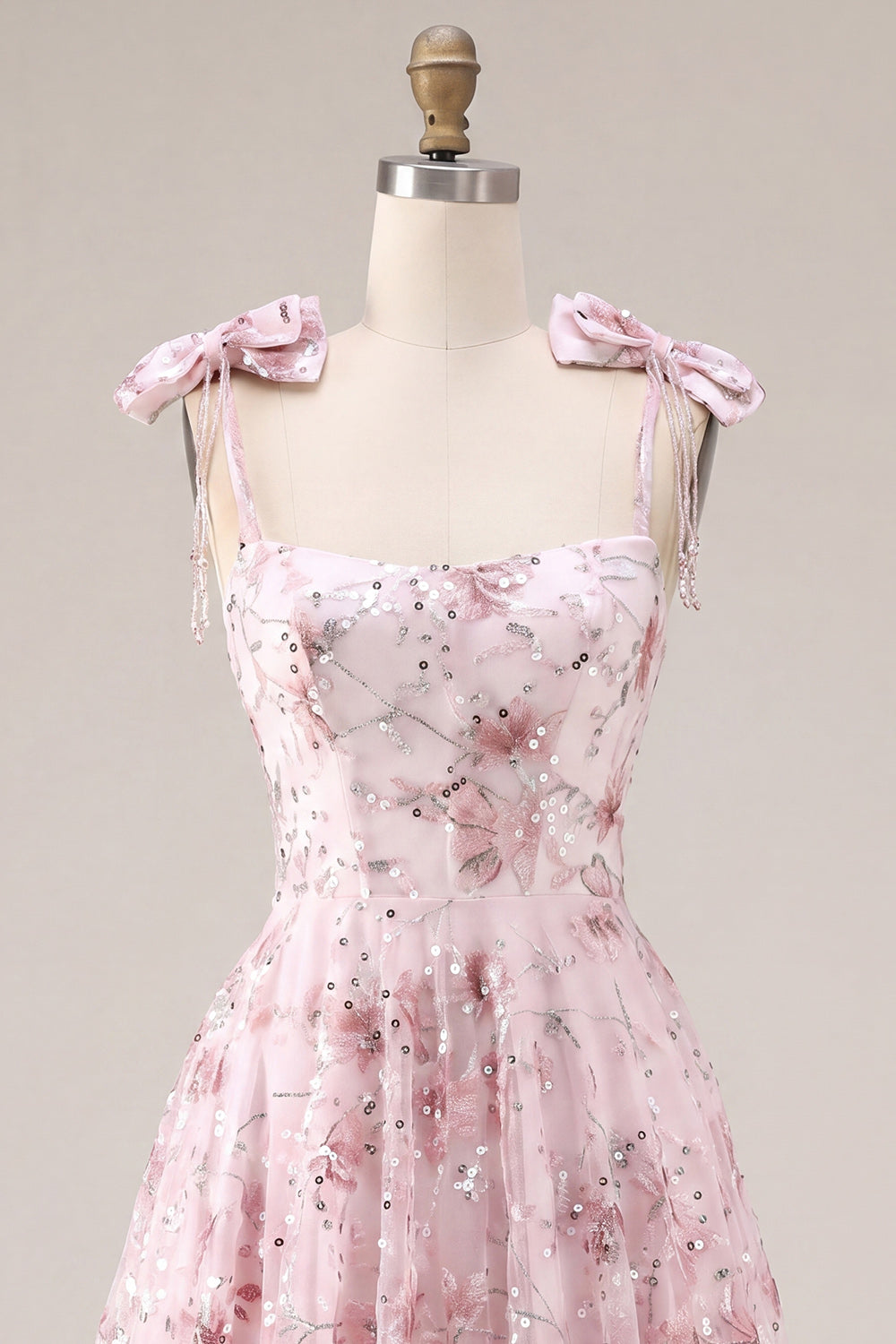 A Line Sparkly Pink Floral Short Beaded Homecoming Dress with Bows