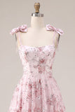 A Line Sparkly Pink Floral Short Beaded Homecoming Dress with Bows