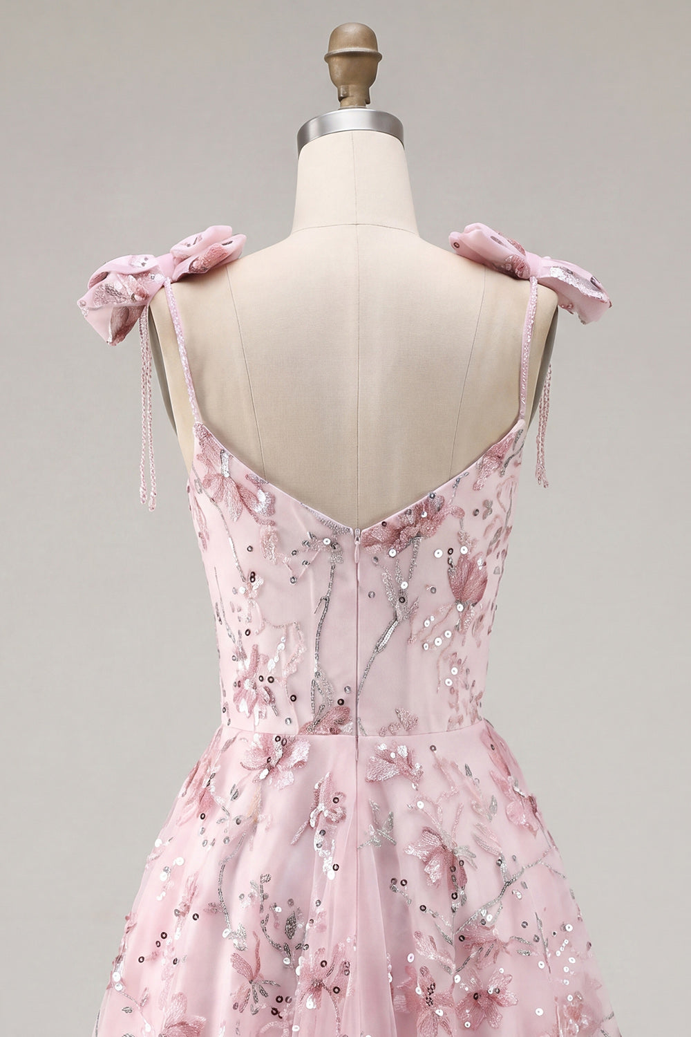 A Line Sparkly Pink Floral Short Beaded Homecoming Dress with Bows