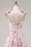 A Line Sparkly Pink Floral Short Beaded Homecoming Dress with Bows
