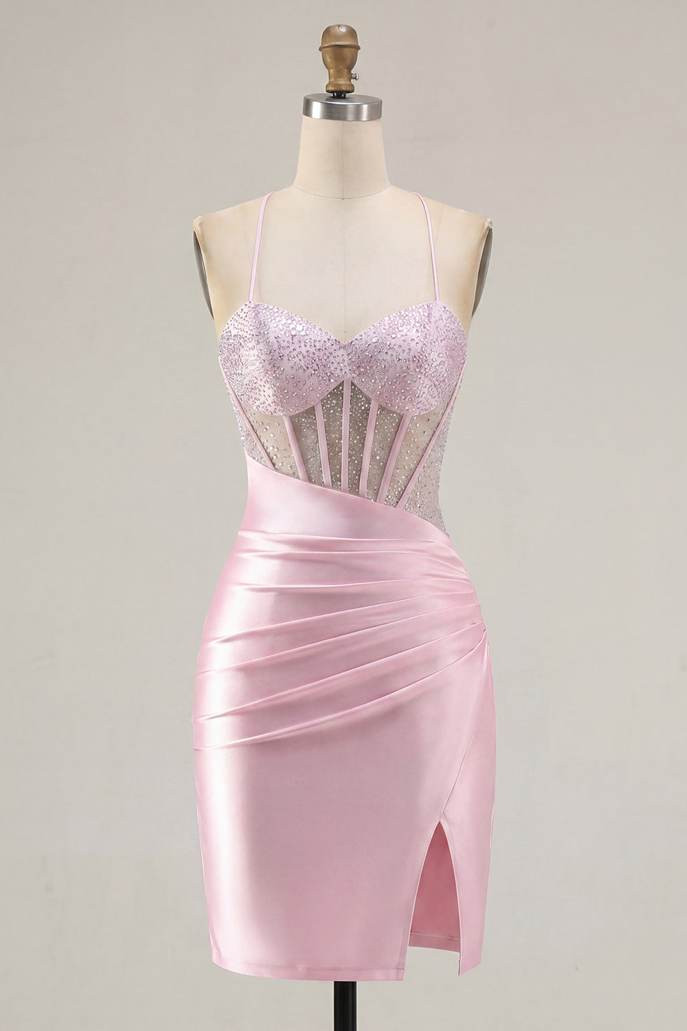 Sparkly Pink Ruched Corset Tight Short Beaded Homecoming Dress with Slit