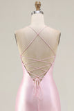Sparkly Pink Ruched Corset Tight Short Beaded Homecoming Dress with Slit