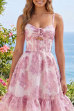 Keyhole Corset Sparkly Pink Floral Short Homecoming Dress with 3D Flower