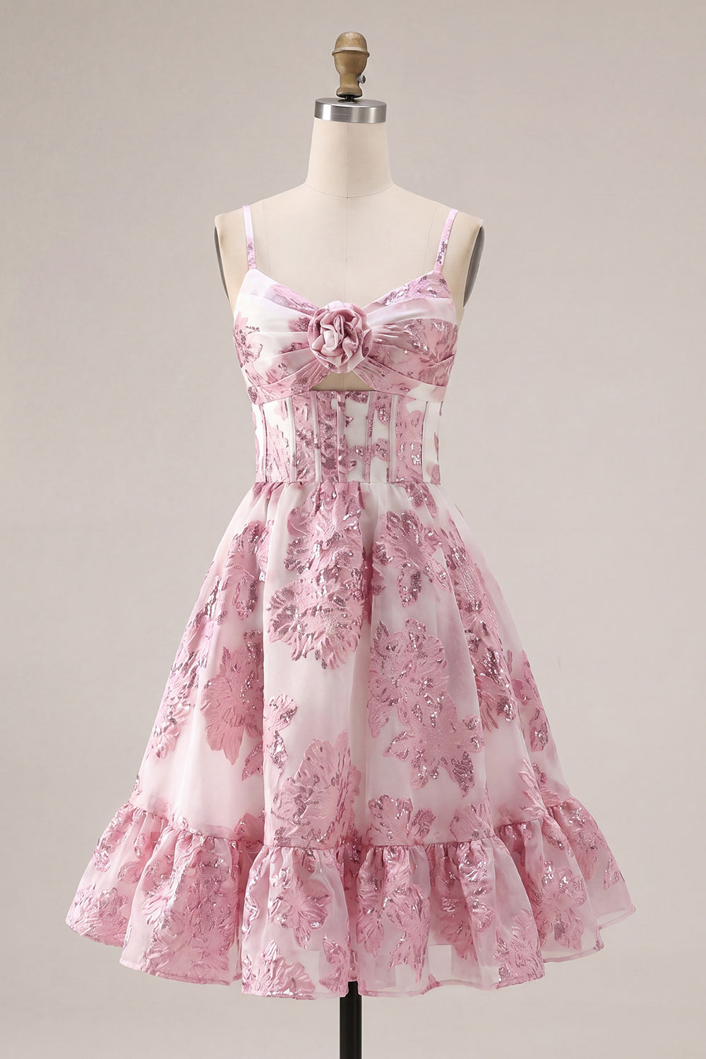 Keyhole Corset Sparkly Pink Floral Short Homecoming Dress with 3D Flower