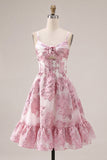 Keyhole Corset Sparkly Pink Floral Short Homecoming Dress with 3D Flower
