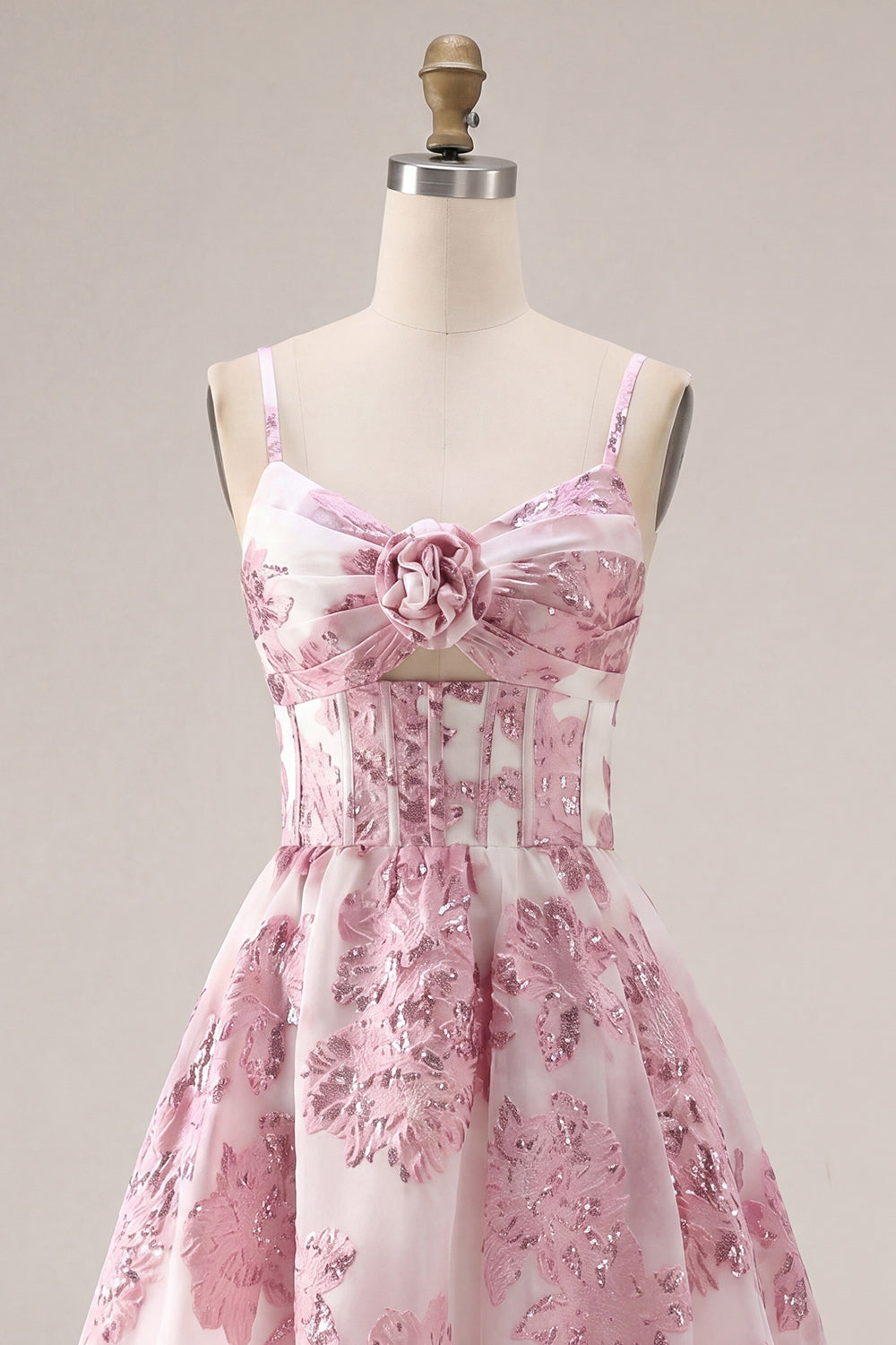 Keyhole Corset Sparkly Pink Floral Short Homecoming Dress with 3D Flower