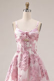 Keyhole Corset Sparkly Pink Floral Short Homecoming Dress with 3D Flower
