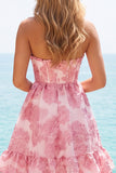 Strapless Corset Pink Floral Jacquard Short Homecoming Dress with Ruffles